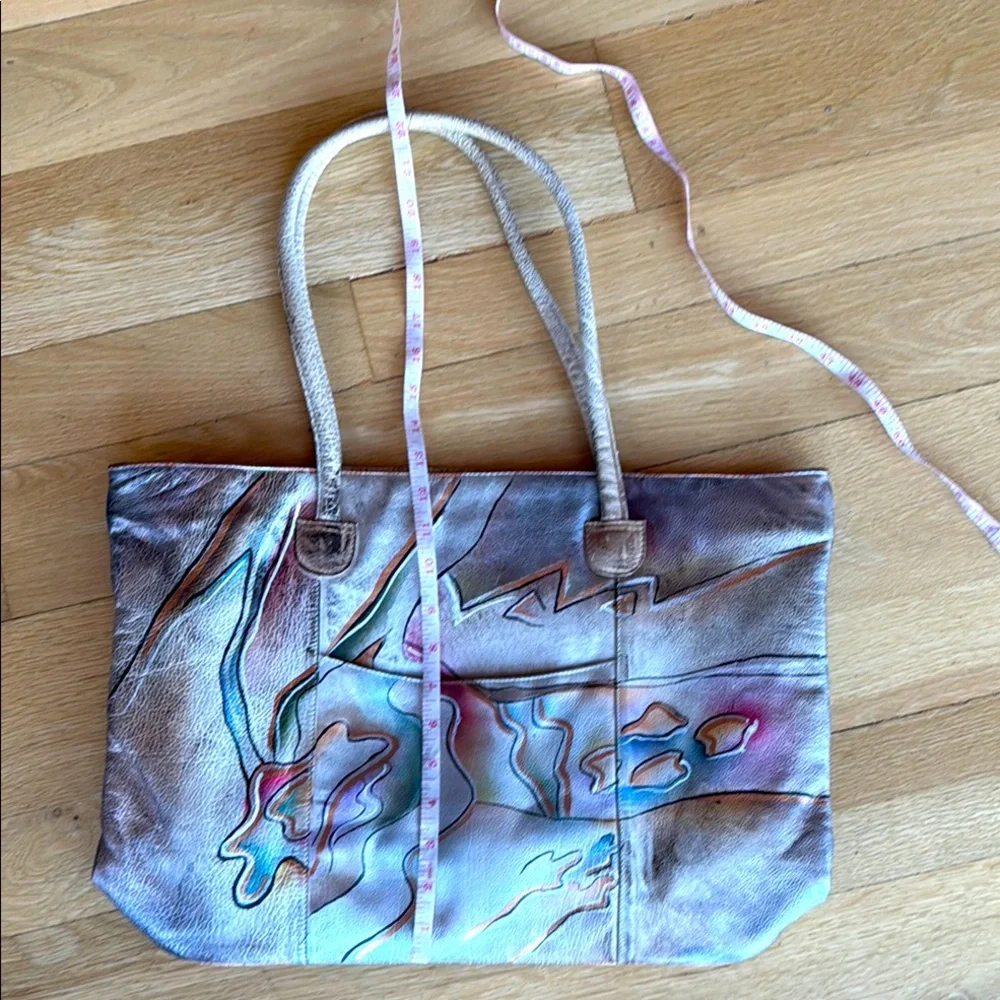 80’s RARE RETRO Leather Hand Painted Tote Shoulder Bag - Picture 8 of 17
